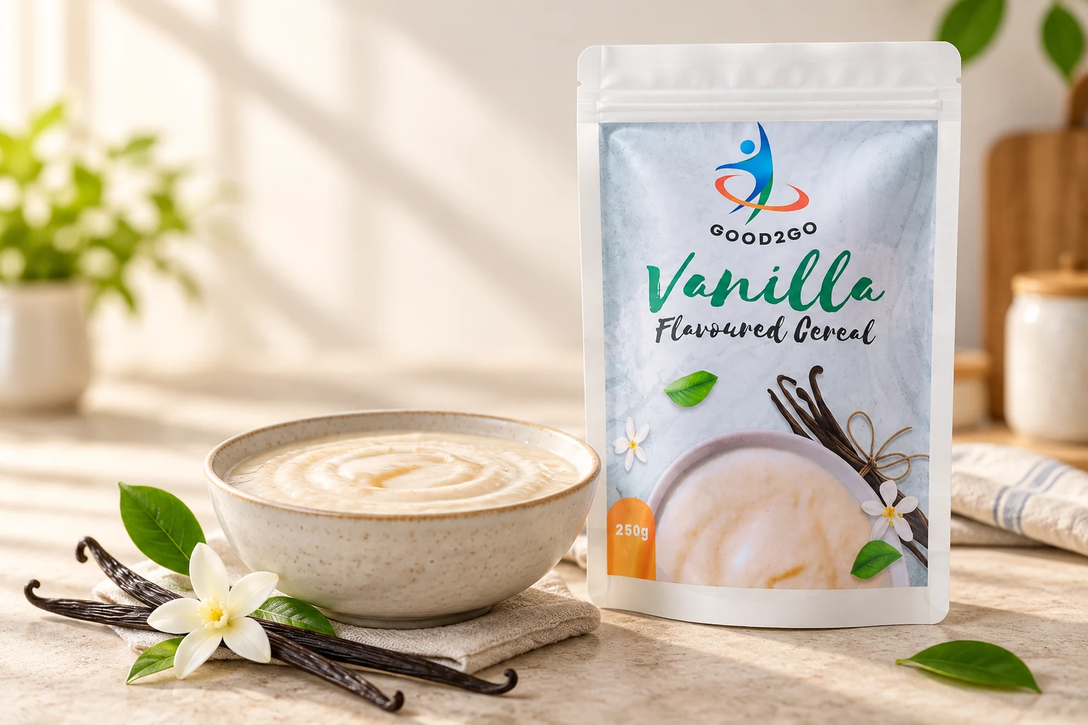 Good2Go Vanilla Flavoured Cereal with a prepared breakfast bowl
