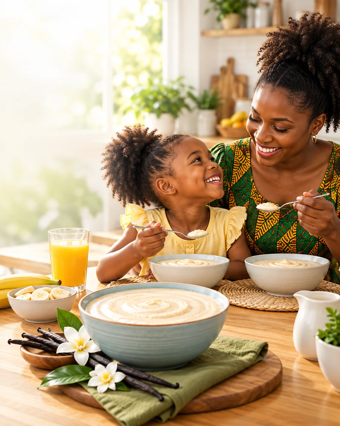 A Ghanaian mother and daughter sharing vanilla porridge at breakfast